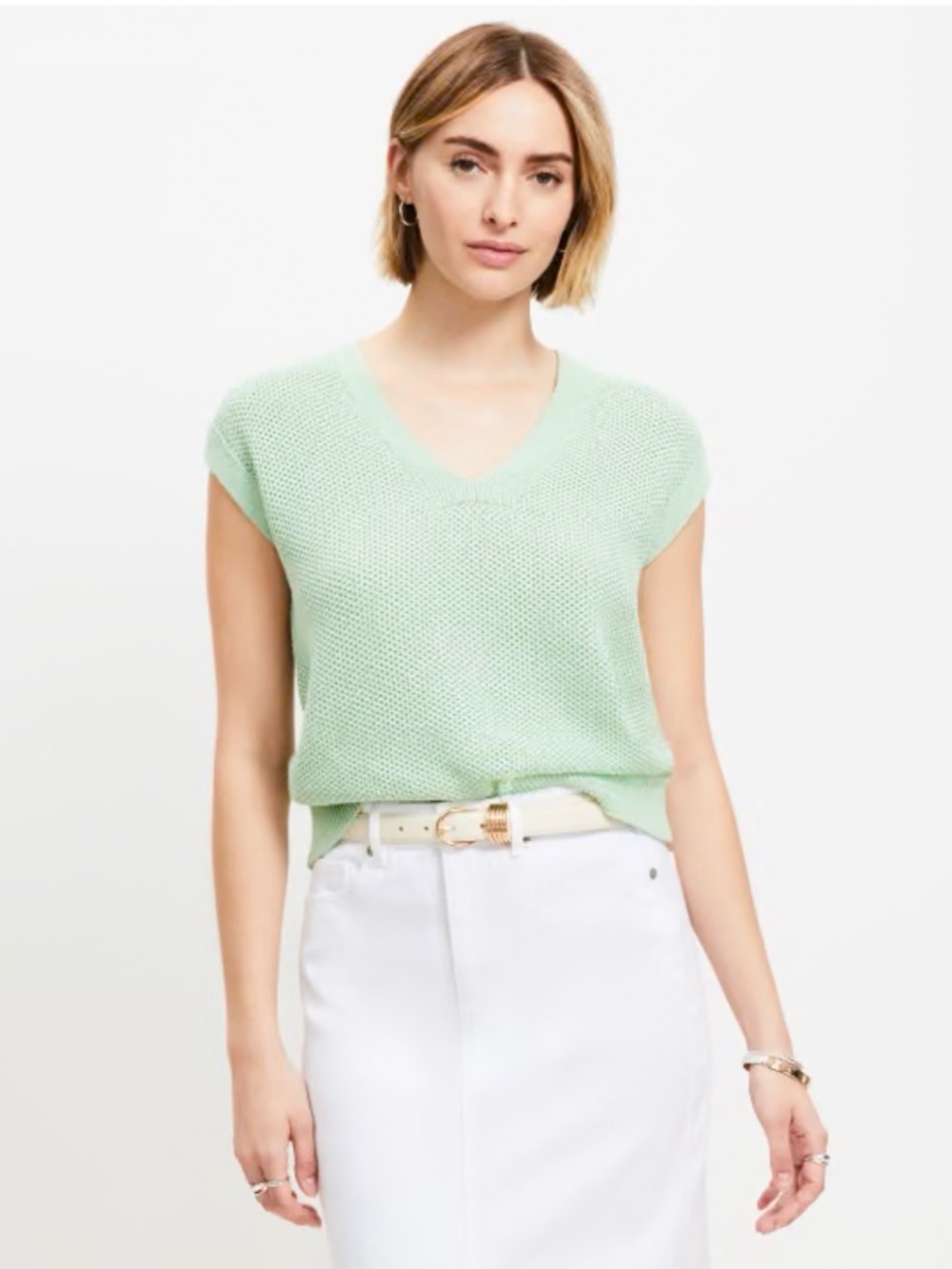 LOFT Pastel Mint V-Neck Cap Sleeve Sweater